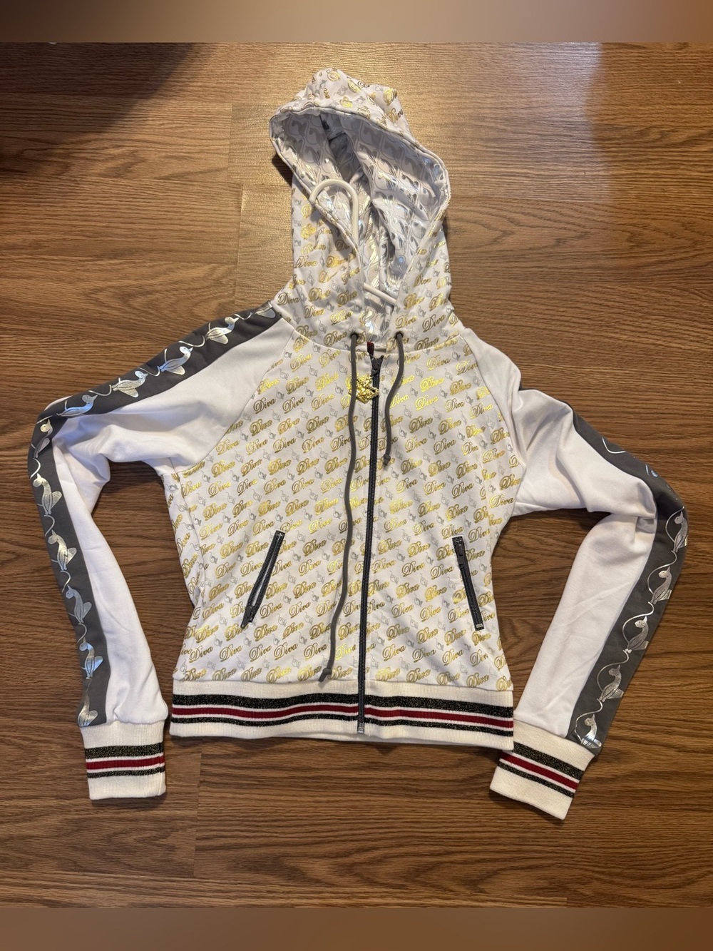 VINTAGE Baby Phat White Zip Up Hoodie with Gold DIVA Print